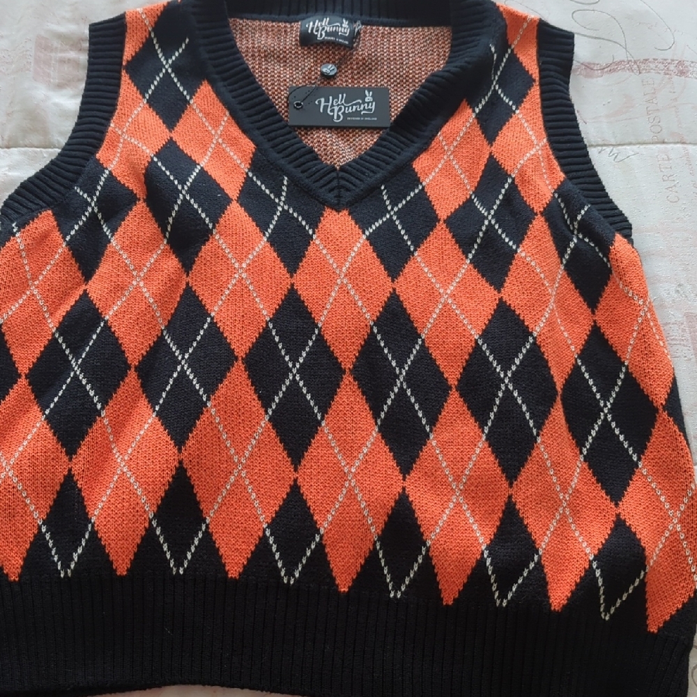 HellBunny Rhombus Orange & Black Argyle Sweater Vest Size 3Xl UK-20